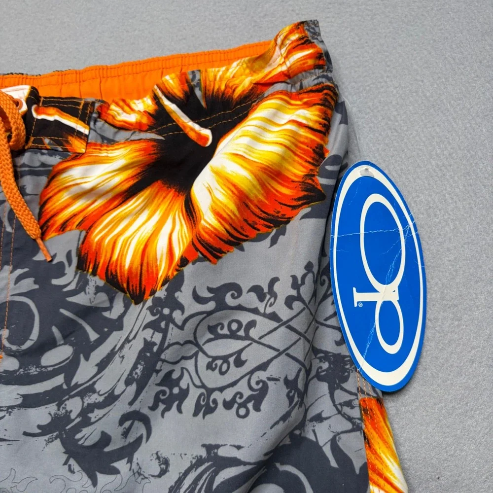OP Board Shorts Mens XL Grey Orange Hibiscus Floral Vintage Y2K NWT Cargo‎ Surf